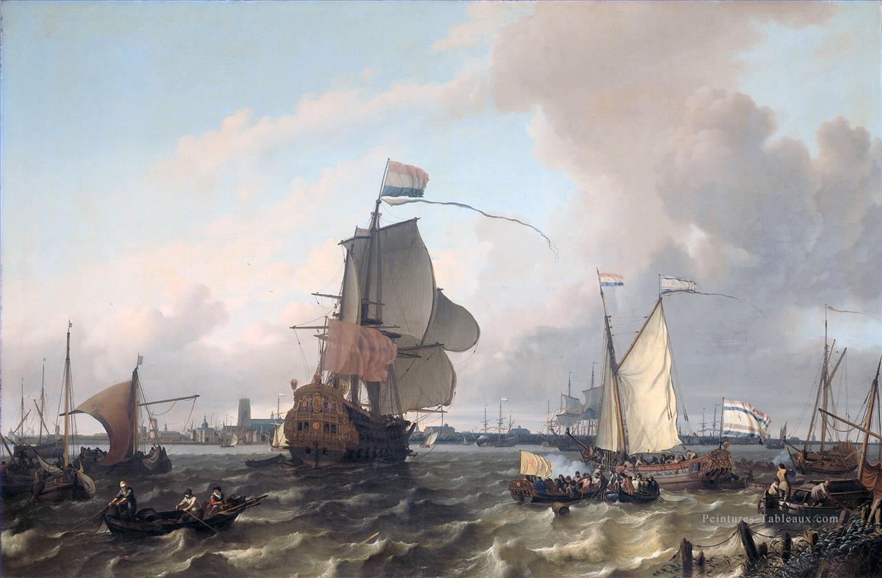 Het oorlogsschip La Navire de guerre Brielle sur la Meuse avant Rotterdam Ludolf Backhuysen 1689 Peintures à l'huile